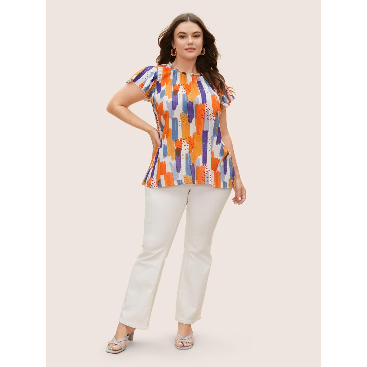 Plus Size Multicolor Brush Print Split Side Cap Sleeve Blouse Women Elegant Cap Sleeve Stand-up collar Everyday Blouses BloomChic 12/L Product Image