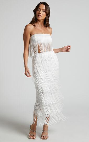 Amalee Two Piece Set - Fringe Strapless Crop Top and Midi Skirt Set in White Product Image