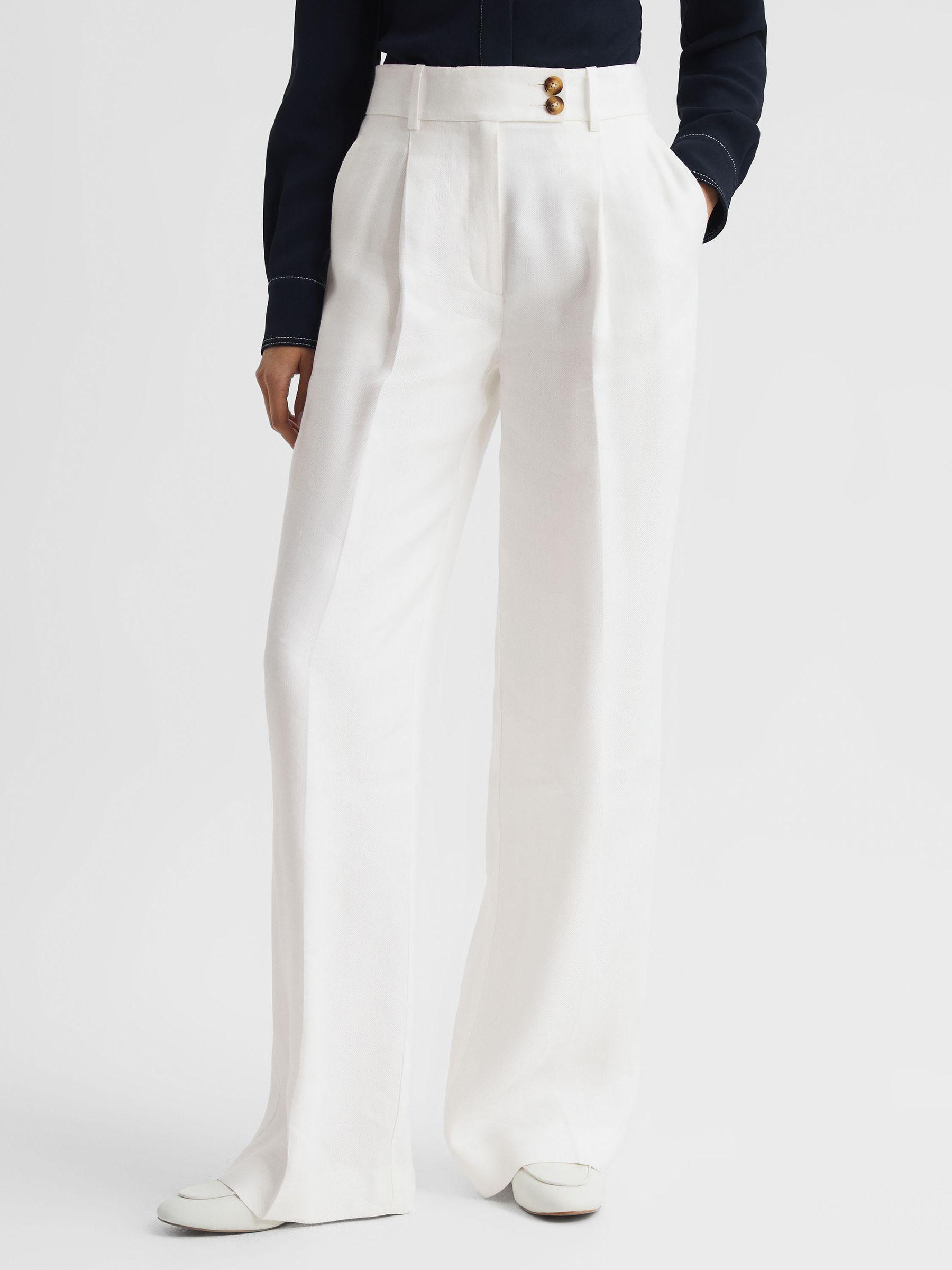 Wide Leg Linen Trousers in White Product Image