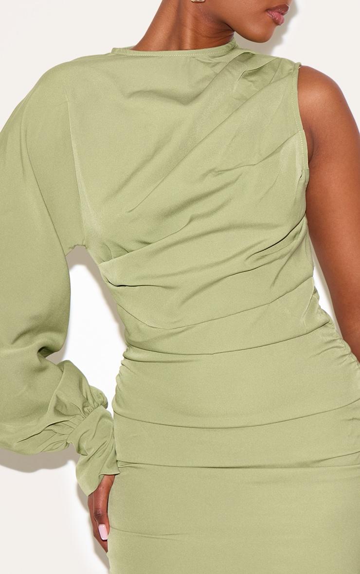 Sage Green One Sleeve Ruched Woven Bodycon Dress Product Image