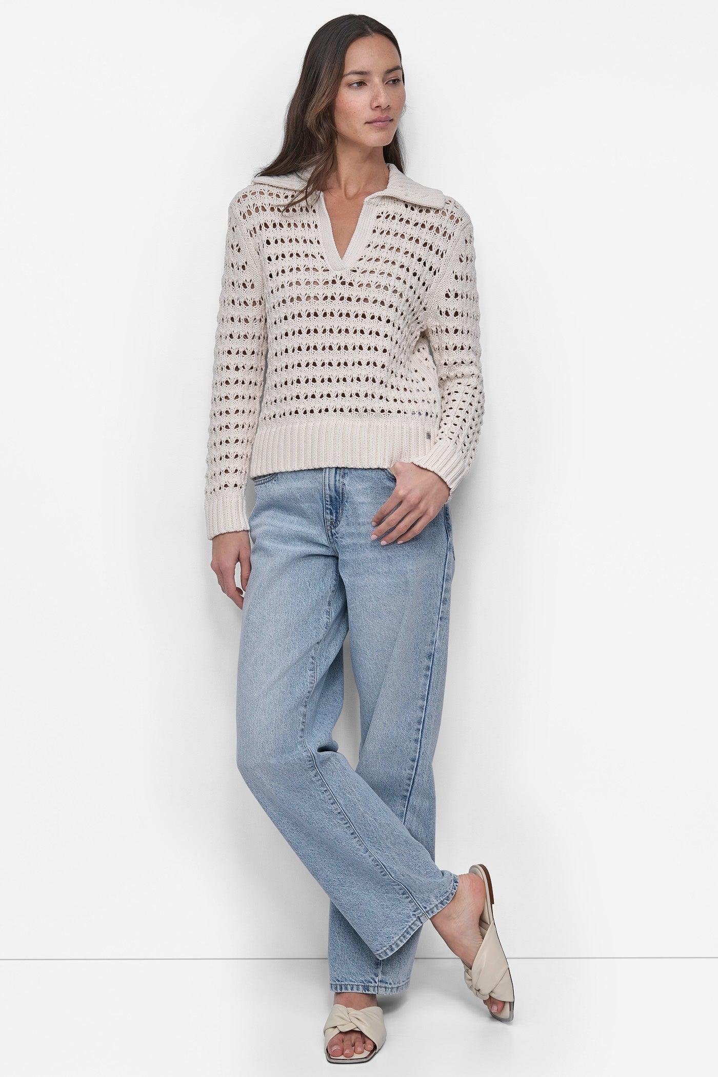 LONG SLEEVE OPEN POINTELLE STITCH POLO COLLAR SWEATER Product Image