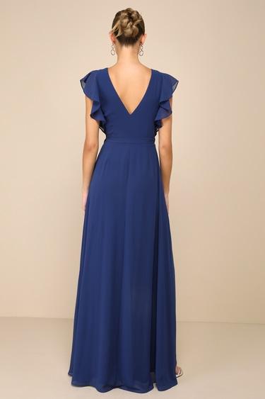 Ravishing Charm Dark Blue Ruffled Wrap High-Low Maxi Dress Product Image