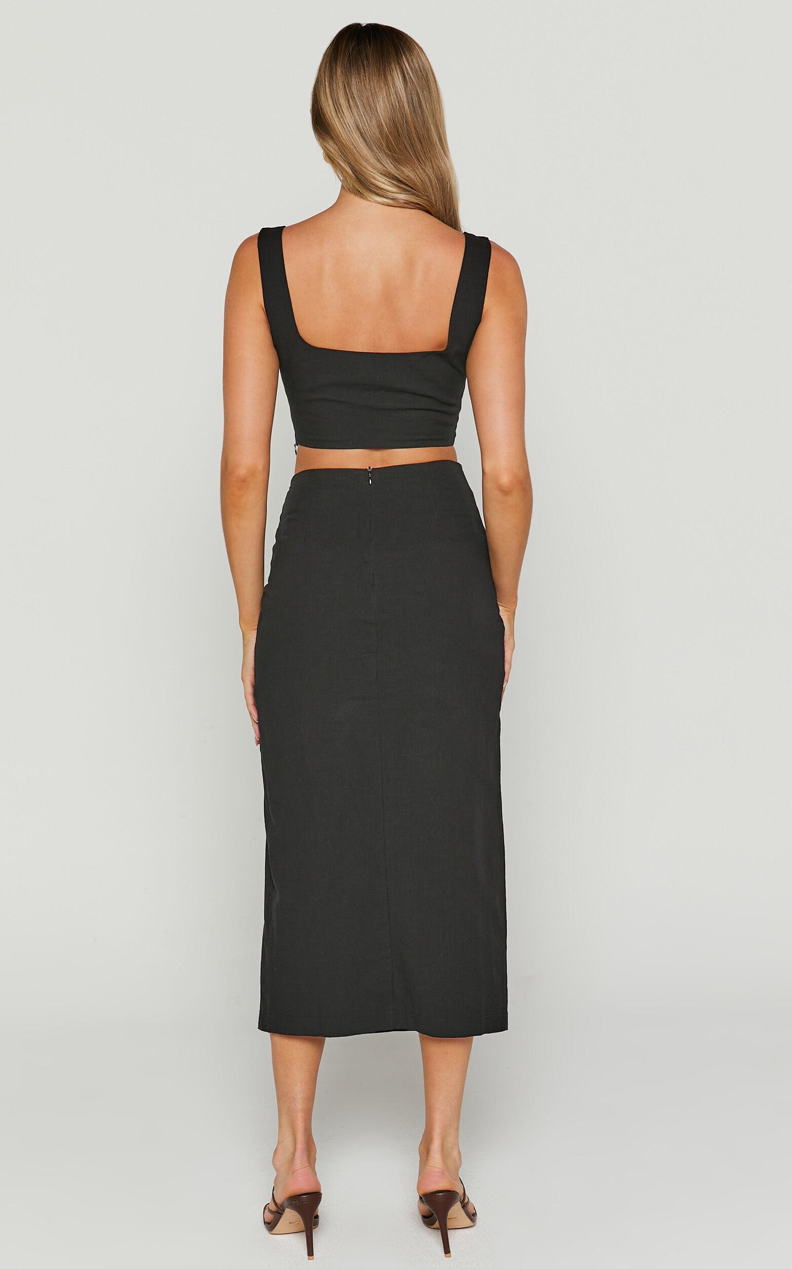 Gibson Two Piece Top and Skirt Set - Linen Crop Top and Knot Front Midi Skirt Set in Black Product Image