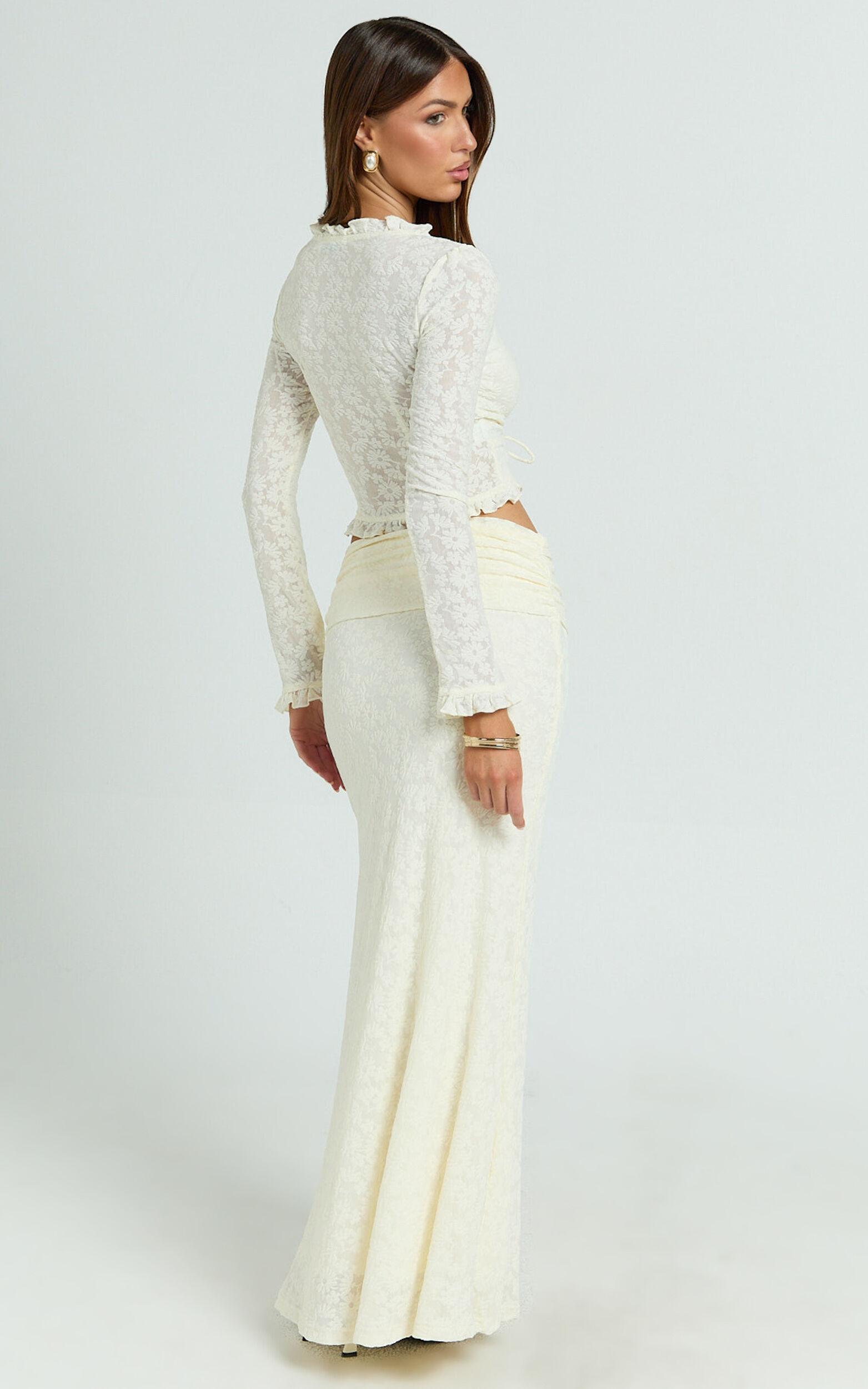 Gelyn Two Piece Set - Lace Ruffle Detail Long Sleeve Top and Maxi Skirt Set in Cream Product Image