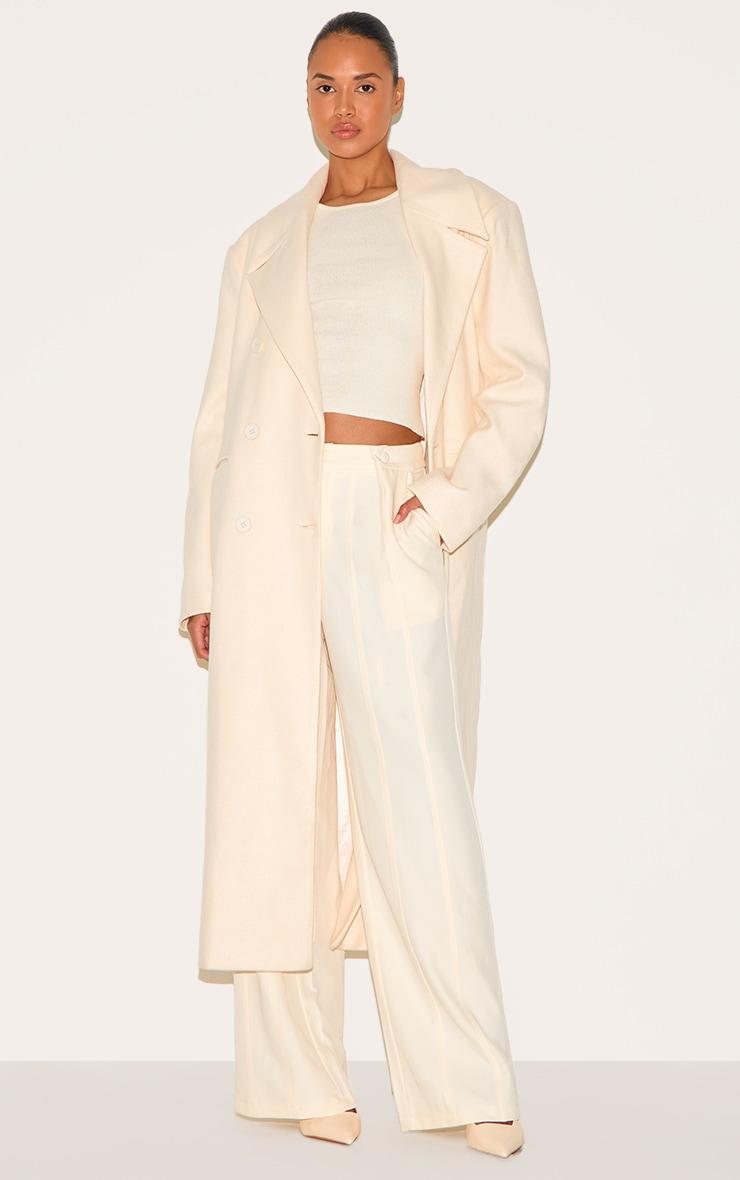 Ecru Wool Look Double Breasted Oversized Maxi Coat Product Image