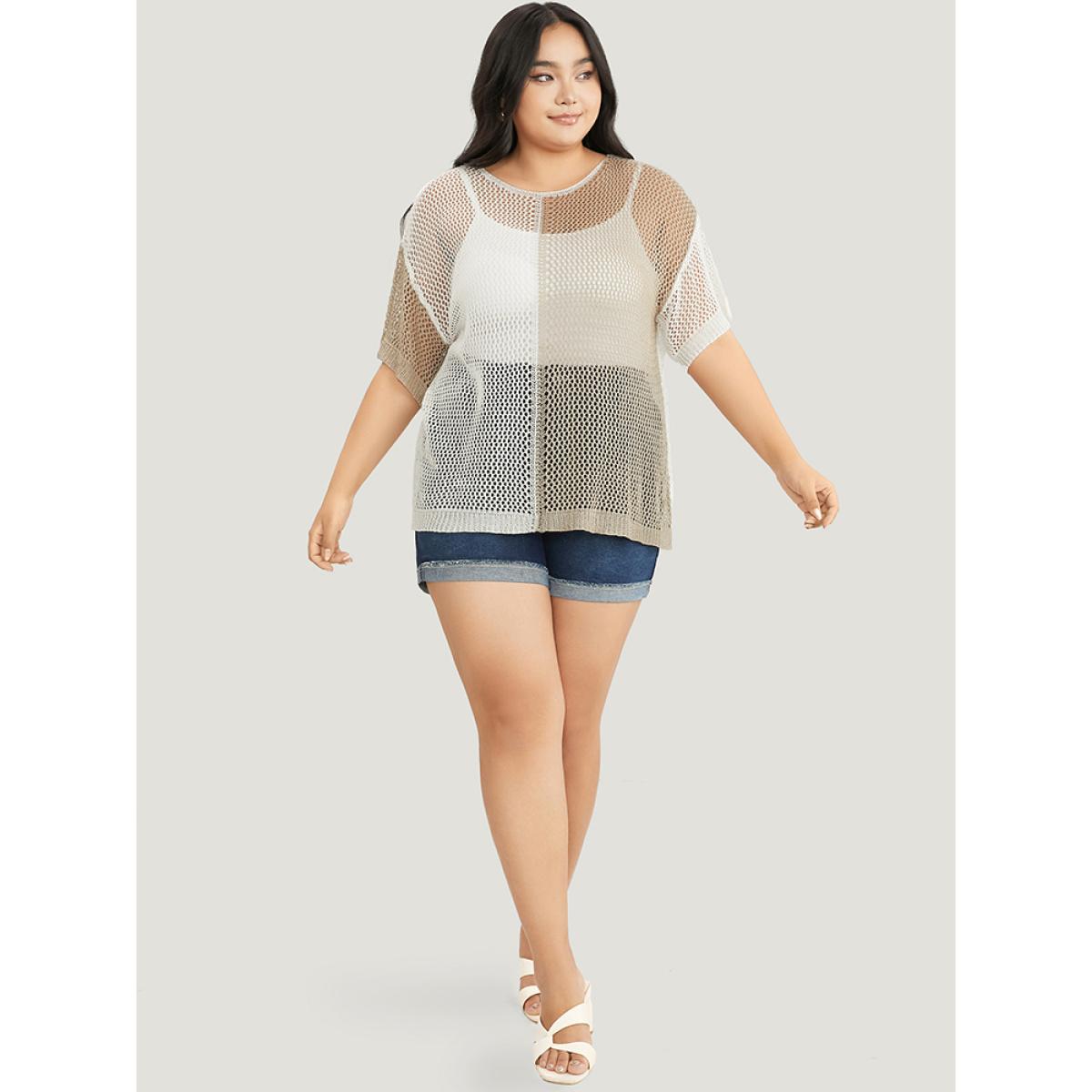 Plus Size Colorblock Contrast Hollow Out Batwing Sleeve Knit Top Multicolor Women Elegant Short sleeve Round Neck Dailywear Pullovers BloomChic 12/L Product Image