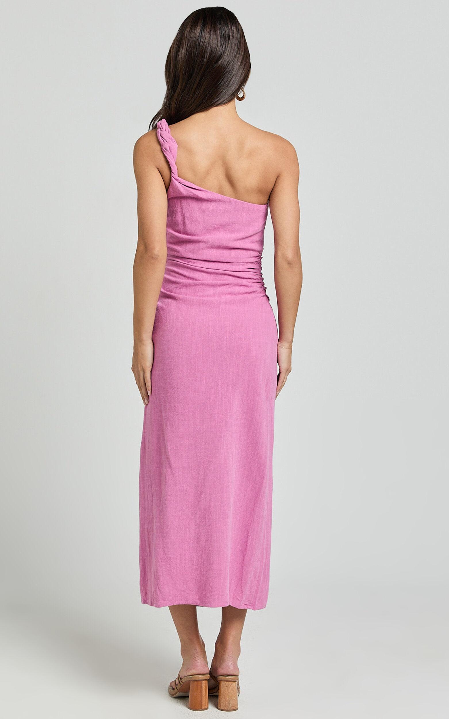 Finley Midi Linen Dress - Linen Feel One Shoulder Ruched Dress in Orchid Product Image