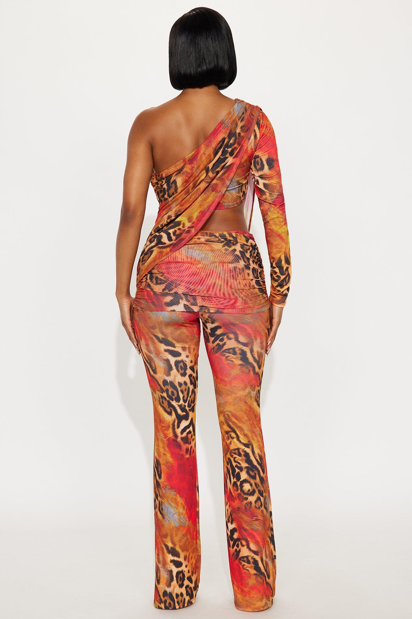 Nyla One Shoulder Leopard Pant Set - Orange/combo Female Product Image