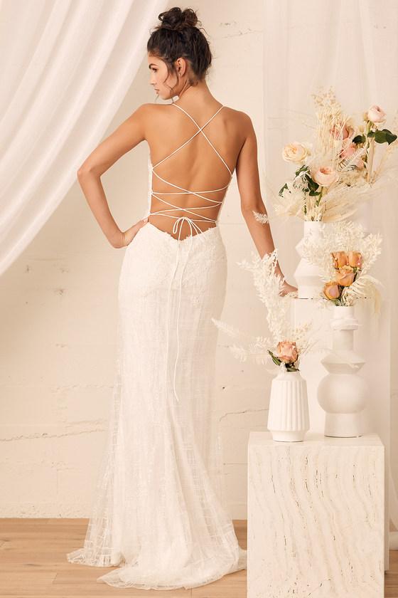 Wonderstruck White Glitter Lace-Up Embroidered Lace Maxi Dress Product Image