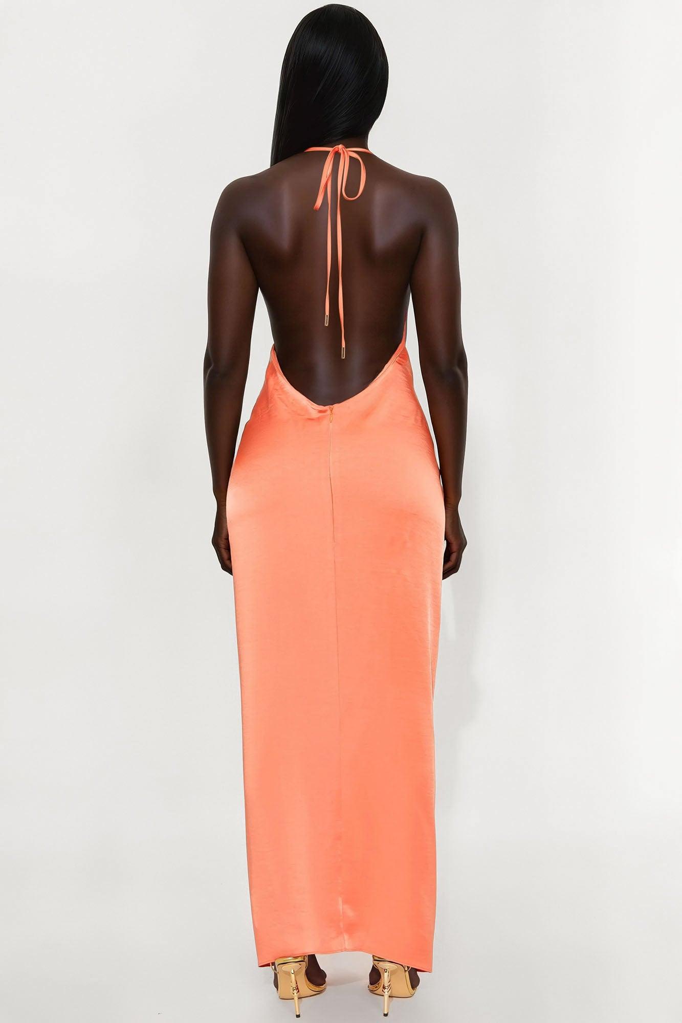 Evening Bliss Backless Satin Maxi Dress - Orange Female Product Image