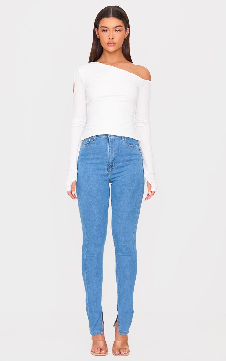 Light Blue Wash Side Split Hem Skinny Jeans Product Image