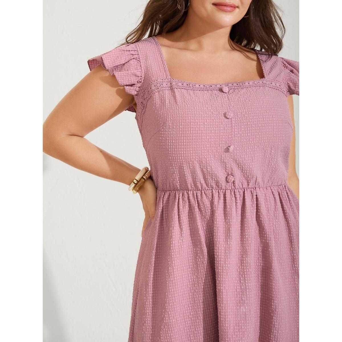 Plus Size Lace Trim Button Detail Tiered Midi Dress Beanpastepowder Women Square Neck Cap Sleeve Curvy BloomChic 10/M Product Image