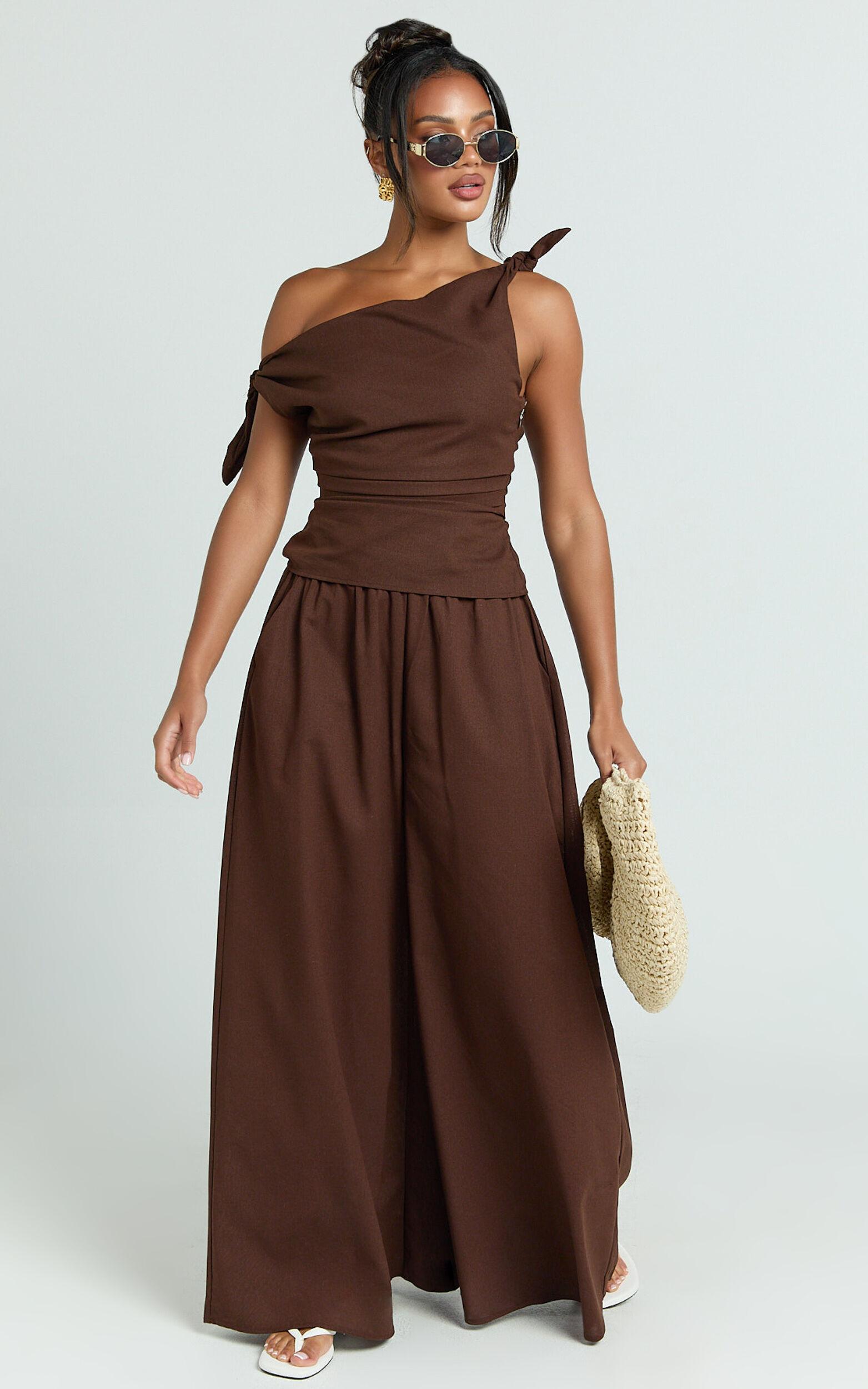 Tamara Pants - High Elasticated Waist Wide Leg Pants in Chocolate Product Image