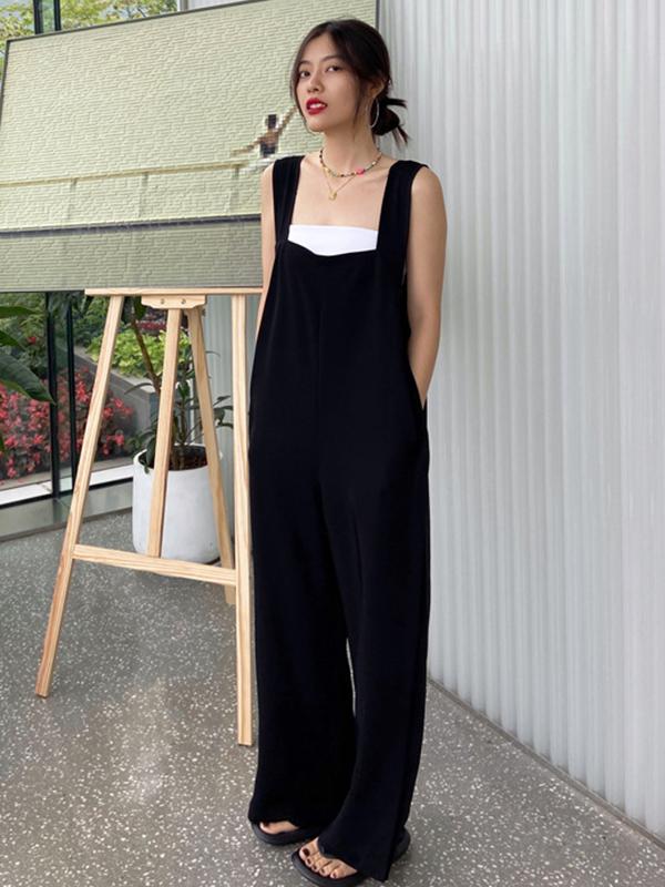Original Creation Sleeveless Loose Solid Color Square-Neck Overalls Product Image