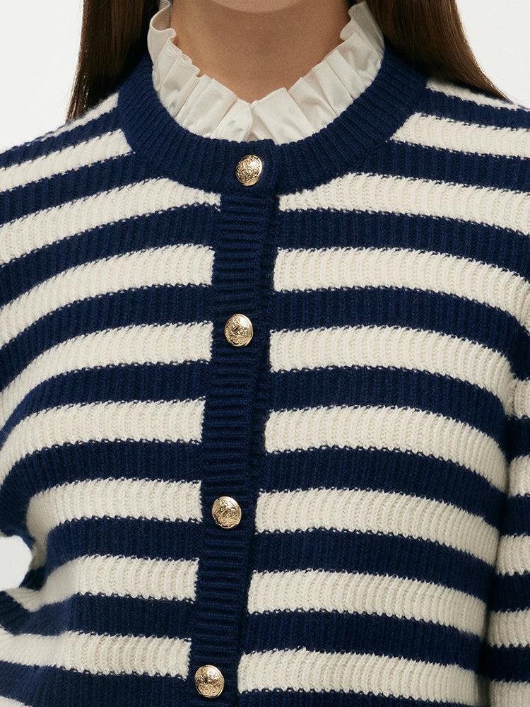 Blue And White Stripe Women Cardigan With Detachable Ruffle Collar Product Image