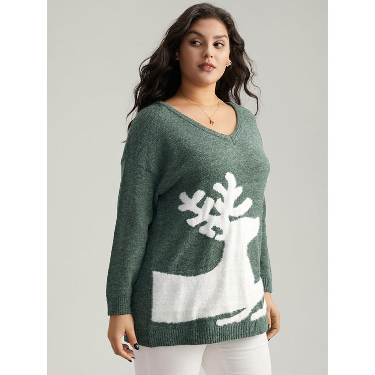Plus Size Anti-Pilling Elk Print Drop Shoulder Pullover DarkGreen Women Casual Loose Long Sleeve V-neck Festival-Christmas Pullovers BloomChic 12/L Product Image