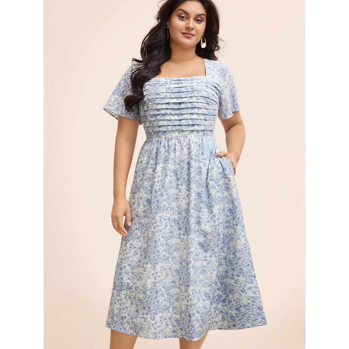 Plus Size Square Neck Floral Tucked Seam Dress Skyblue Women Elegant Tucked seam Square Neck Short sleeve Curvy BloomChic 30/6X Product Image