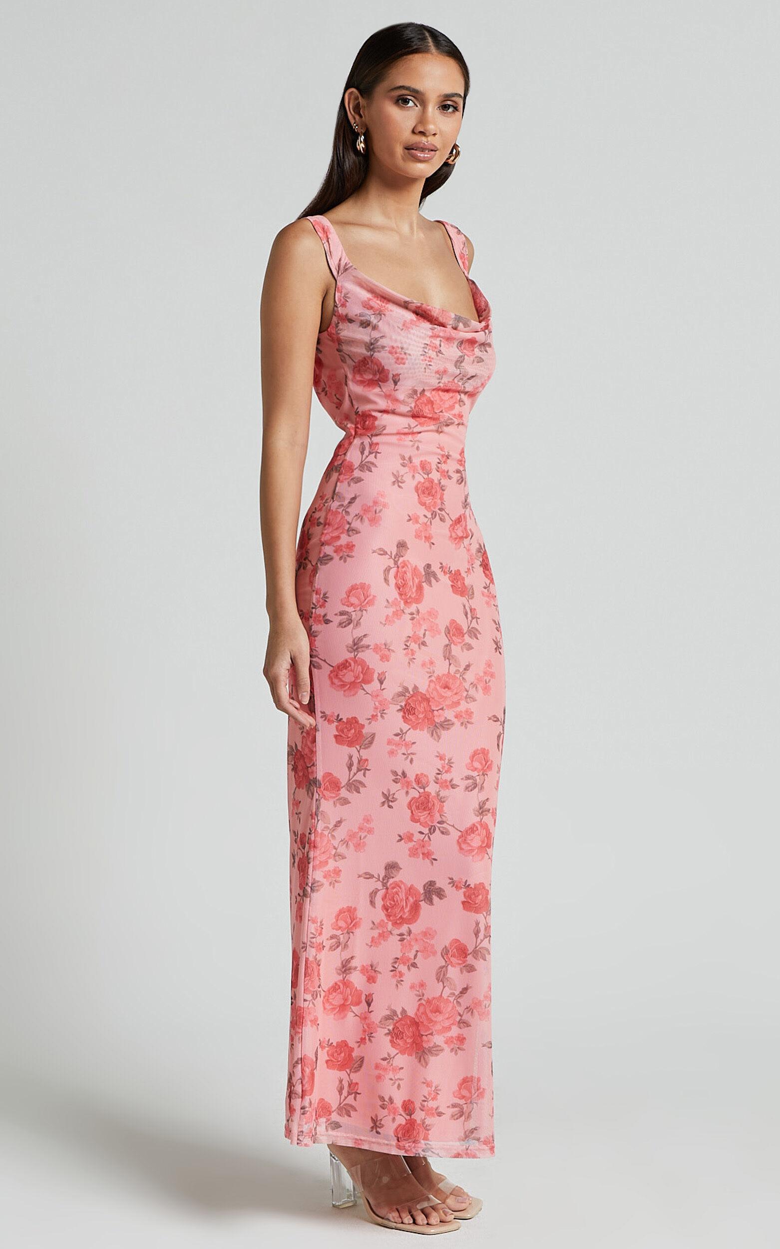 Nadine Maxi Dress - Cowl Neck Low Back Mesh Slip Dress in Pink Floral Product Image