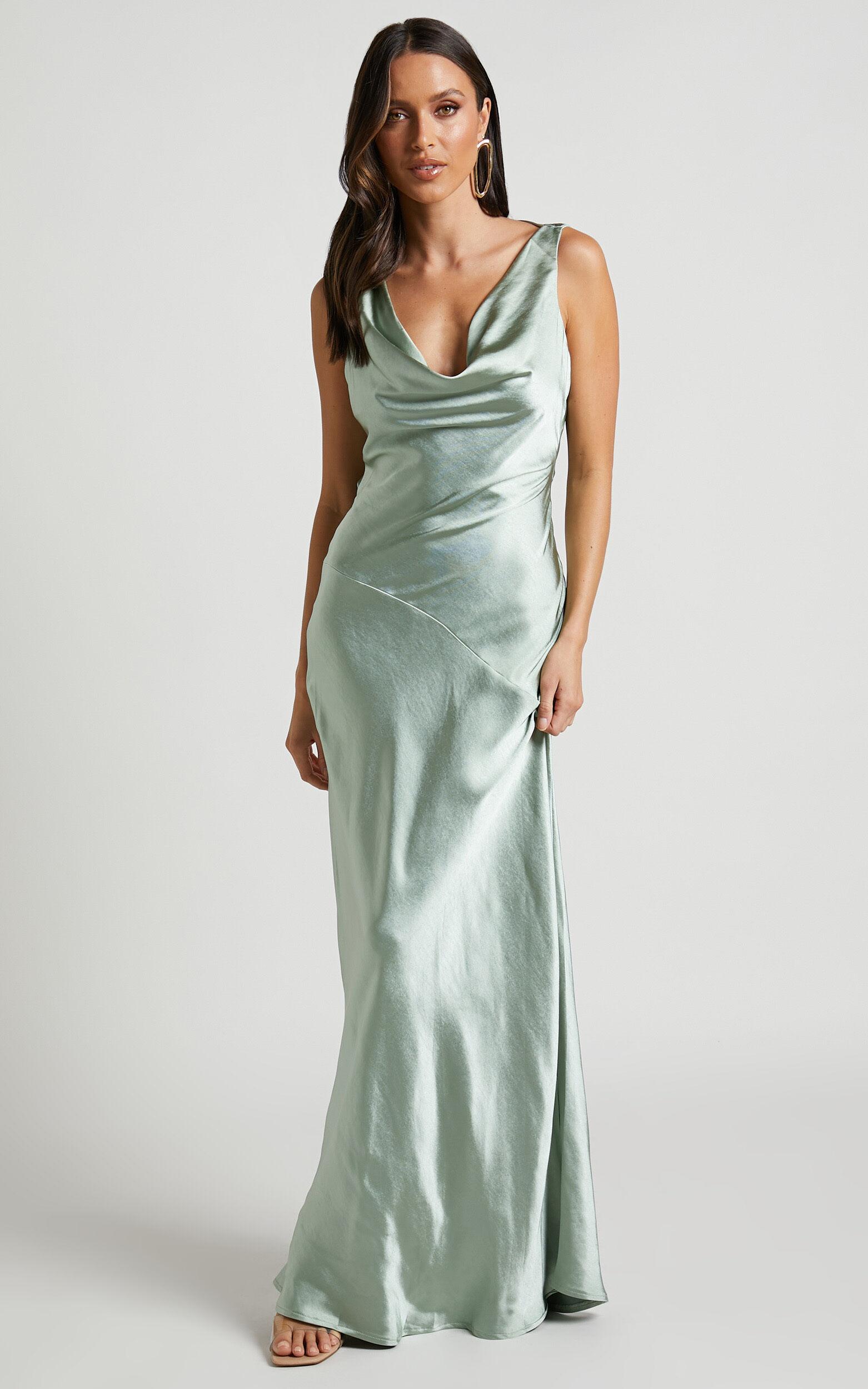 Adilah Maxi Dress - Cowl Neck Satin Dress in Pistachio Product Image