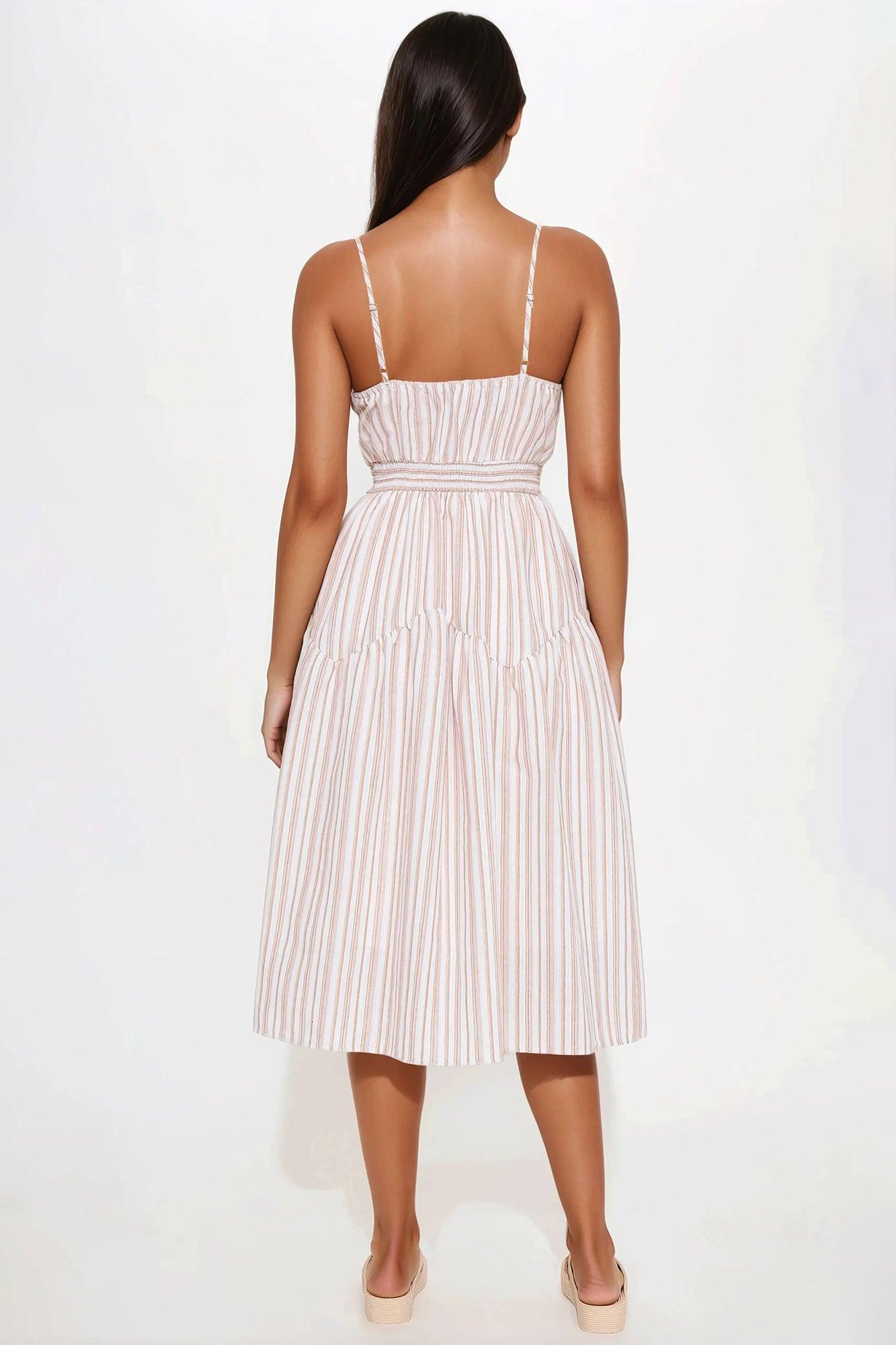 Seaside Vacay Striped Linen Midi Dress - Taupe/combo Product Image