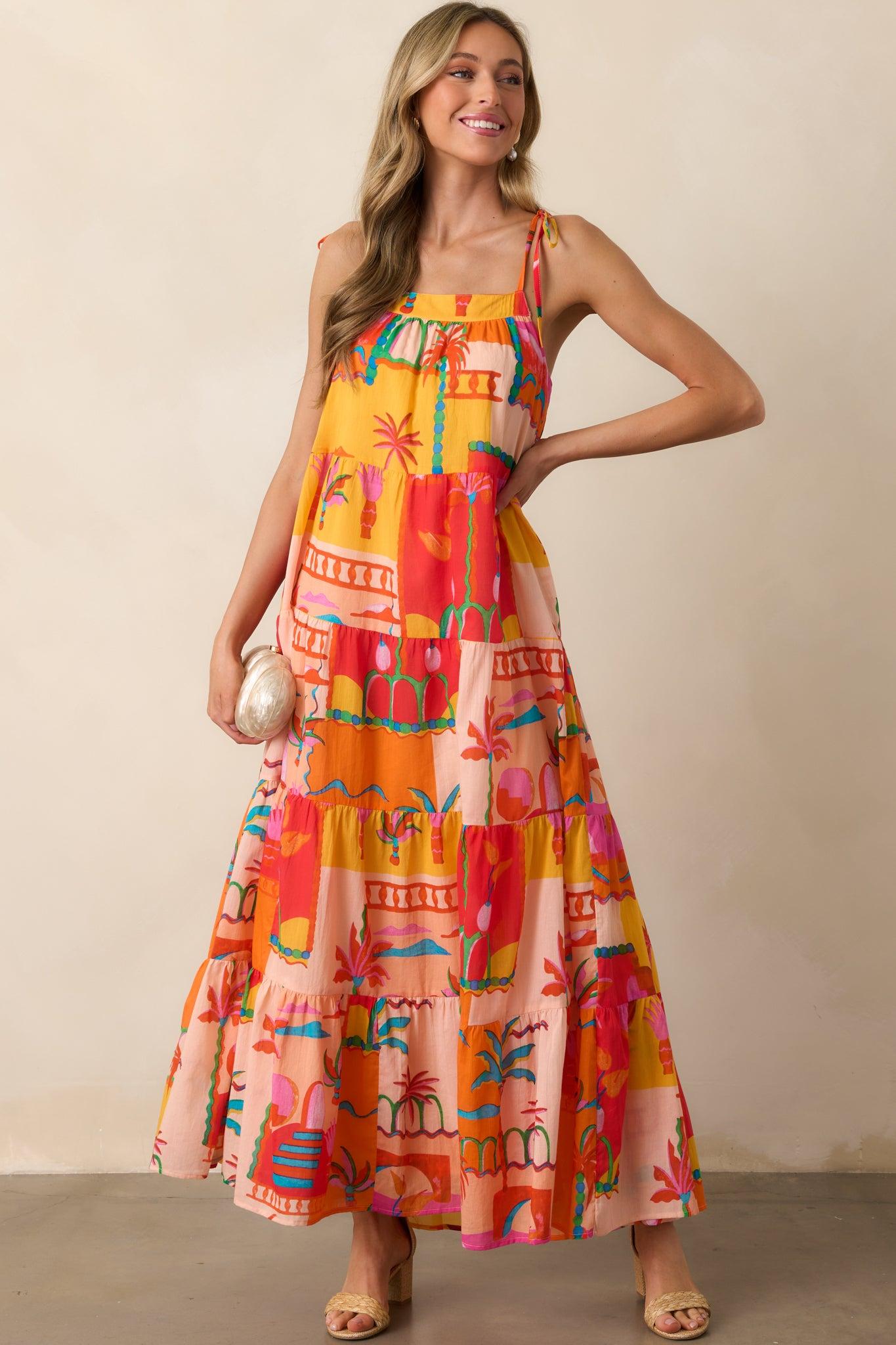 Seaside Soiree Orange Tropical Print Cotton Maxi Dress Product Image