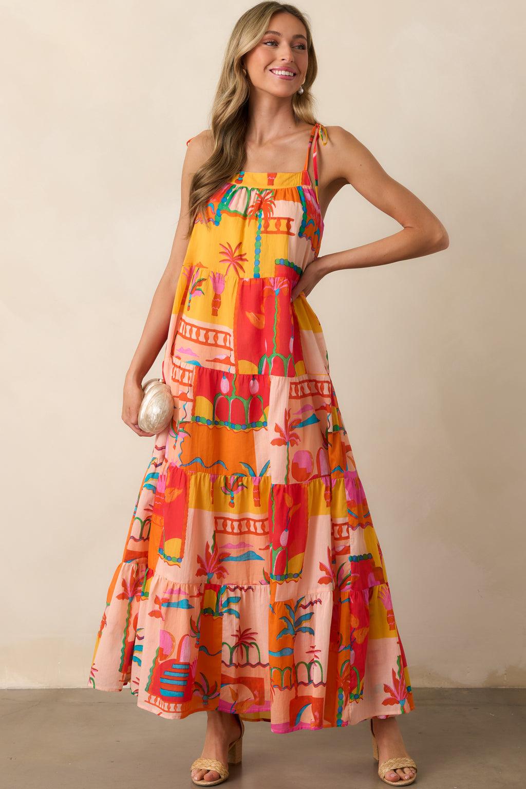 Seaside Soiree Orange Tropical Print Cotton Maxi Dress Product Image