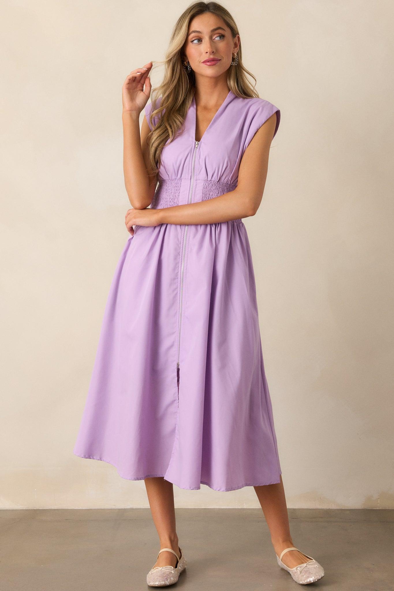 The Evette Lavender Zip Front Midi Dress Product Image