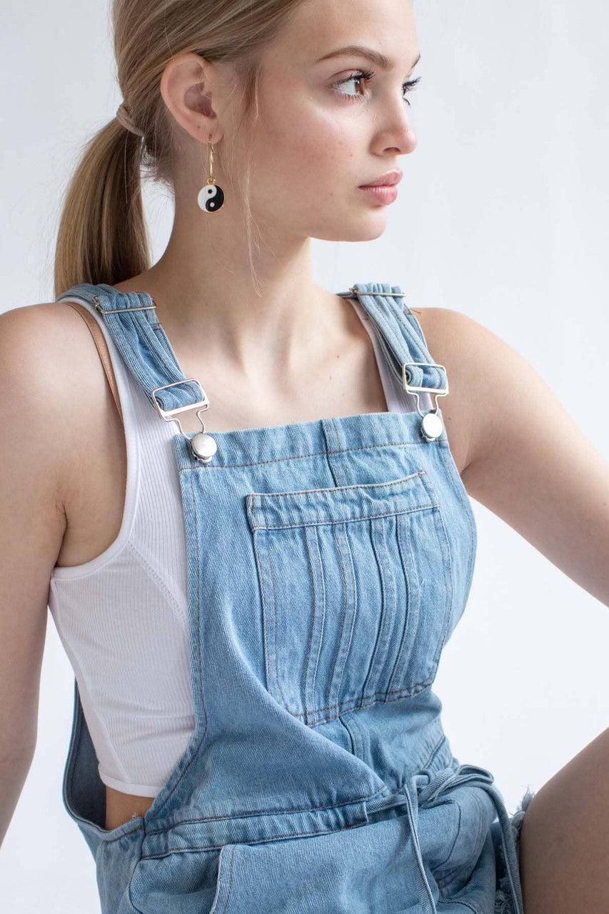 Light Wash Tie Waist Denim Overall Shorts Product Image