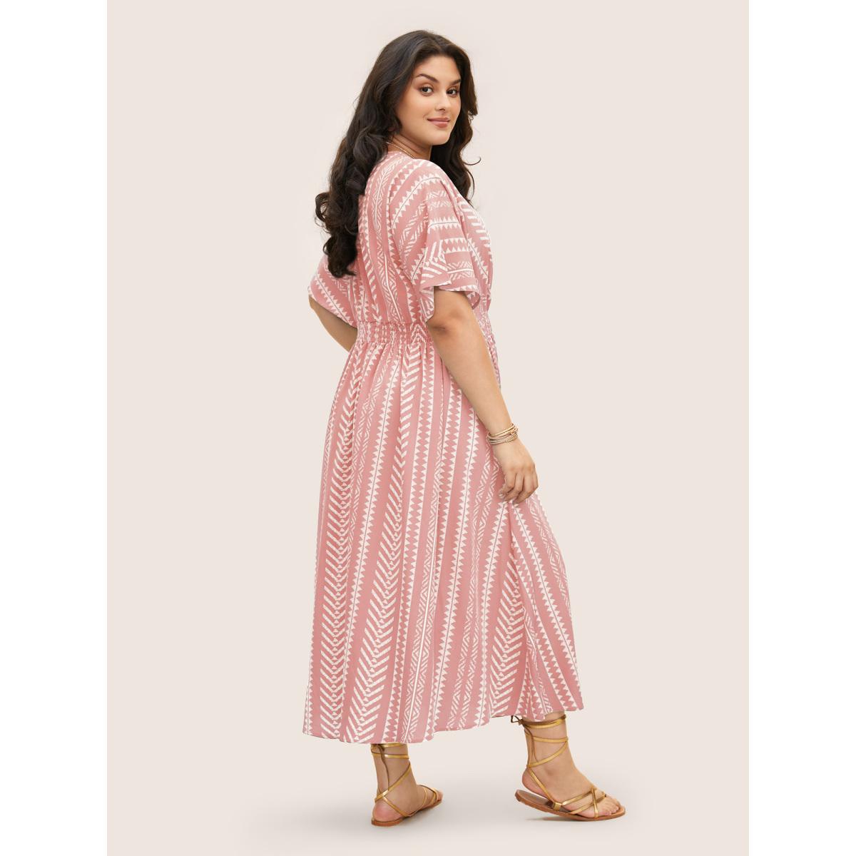 Plus Size Solid Geometric Dolman Sleeve Pocket Shirred Split Hem Dress Crepe Women Boho Non V-neck Half Sleeve Curvy Long Dress BloomChic 30/6X Product Image