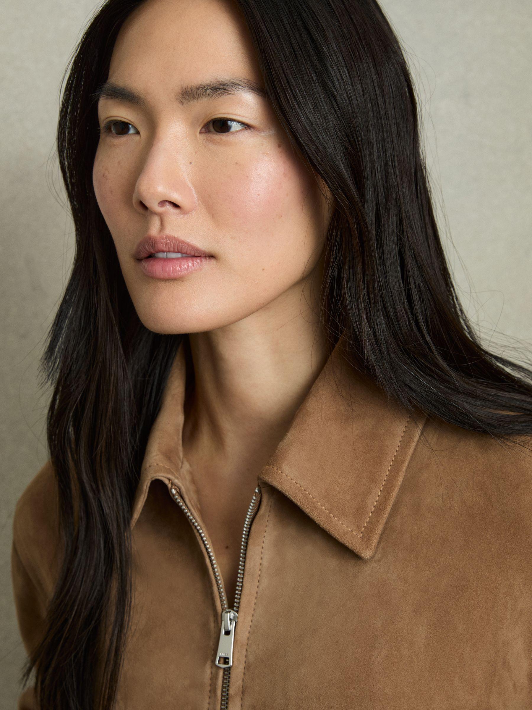 Suede Zip Through Bomber Jacket in Tan Product Image