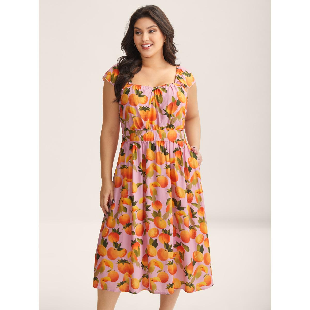Plus Size Citrus Print Pleated Sweetheart Midi Dress Brightorange Women Heart neckline Cap Sleeve Curvy BloomChic 12/L Product Image