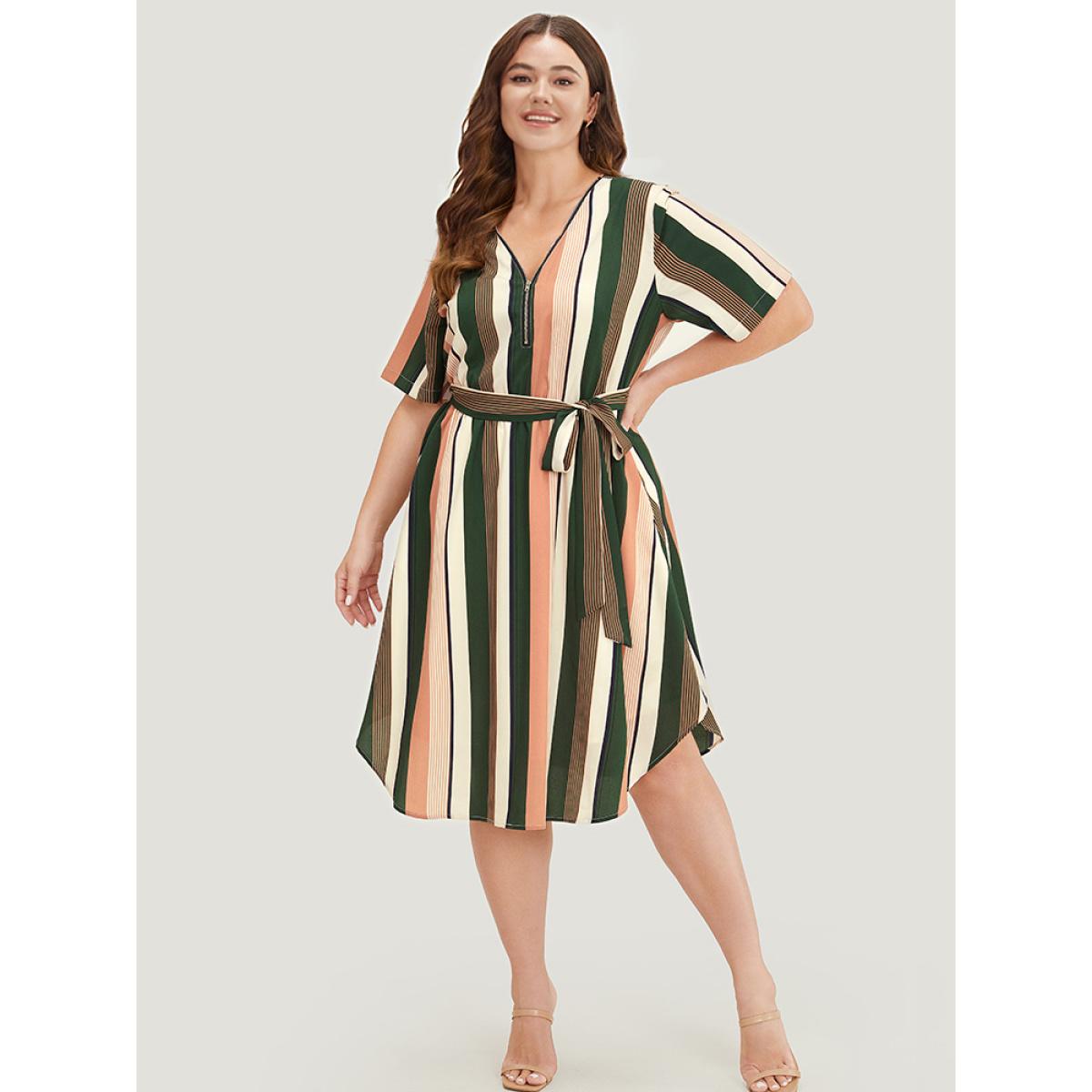 Plus Size Striped Contrast Pocket Belt Arc Hem Zip Up Dress Multicolor Women Office Contrast V-neck Short sleeve Curvy Midi Dress BloomChic 22-24/3X Product Image