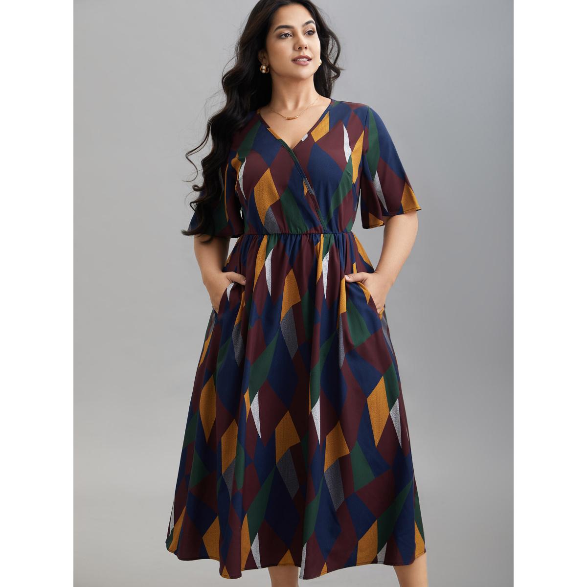 Plus Size Geometric Print Fit and Flare Midi Dress Multicolor Women Elegant Non Overlap Collar Half Sleeve Curvy BloomChic 18-20/2X Product Image