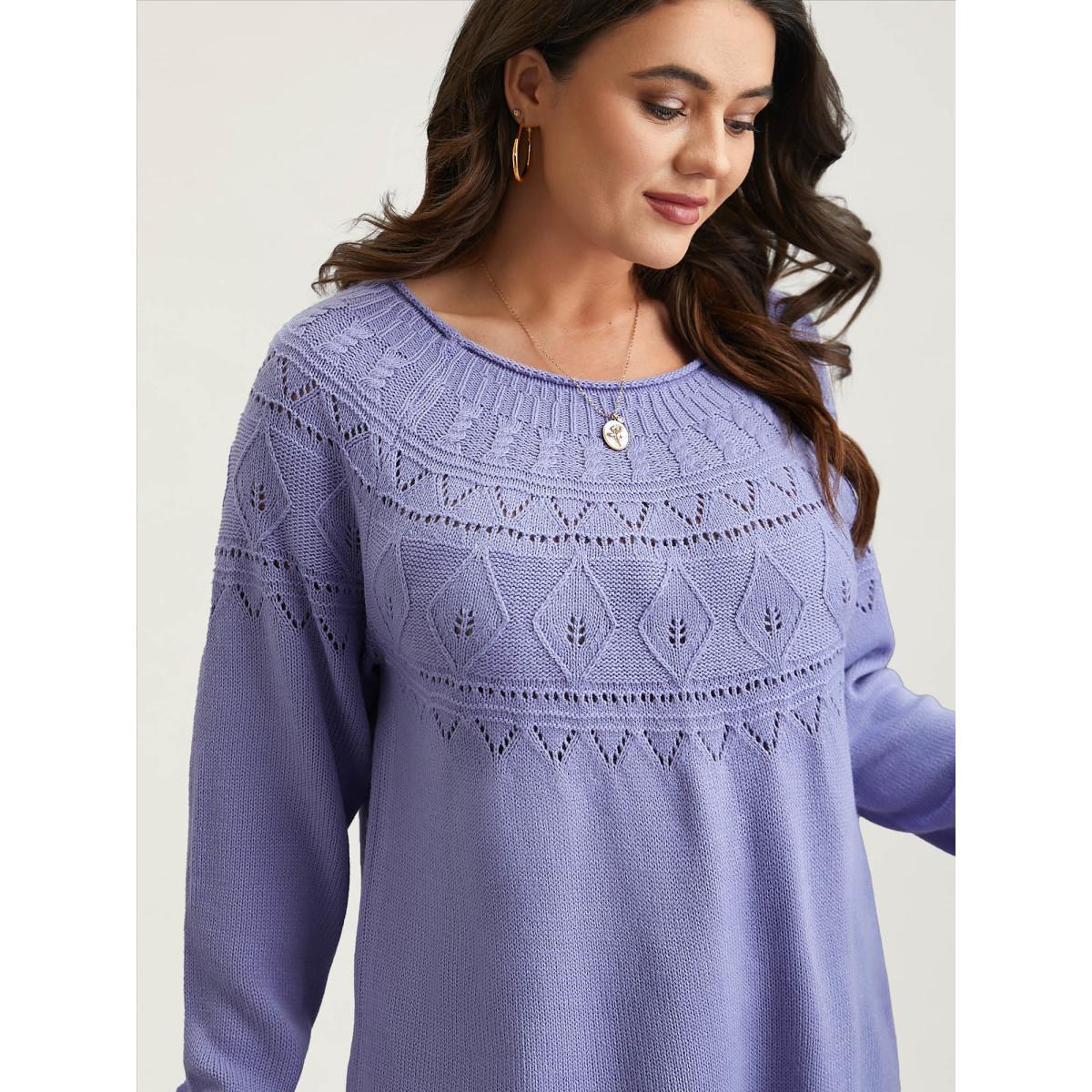Plus Size Eyelet Trim Cable Knit Round Neck Pullover Lilac Women Casual Loose Long Sleeve Round Neck Everyday Pullovers BloomChic 28/5X Product Image