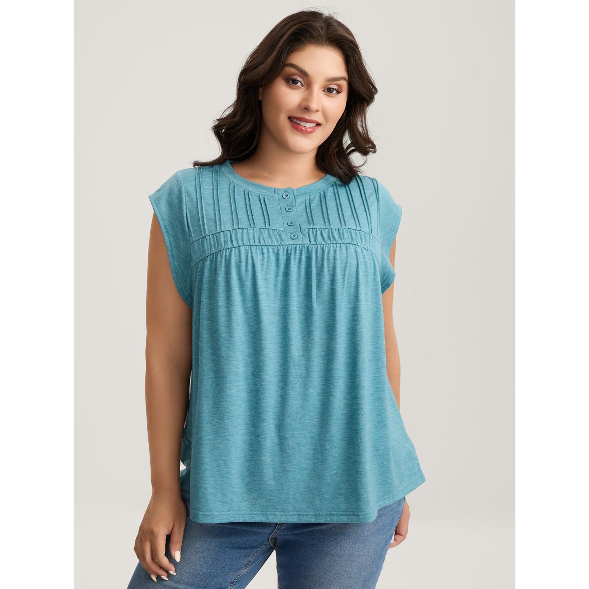 Plus Size Heather Pleated Buttons Placket Solid T-Shirt Cerulean Women Leisure Tucked seam Round Neck Casual T-shirts BloomChic 12/L Product Image