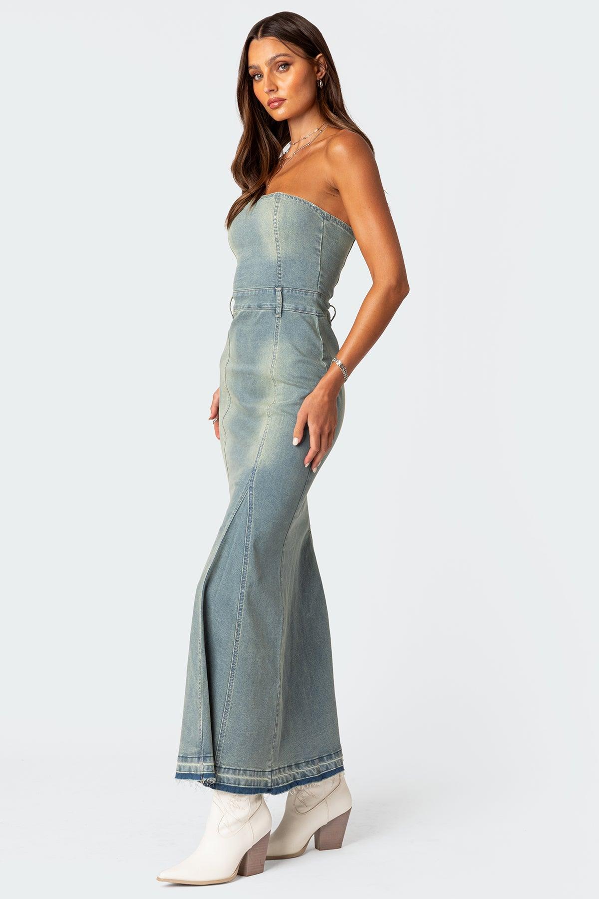 Astoria Slitted Denim Maxi Dress Product Image