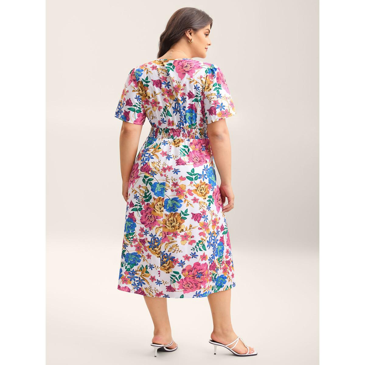 Plus Size Blooming Flowers Surplice Neck Pockets Dress Ivory Women Elegant Shirred Overlap Collar Short sleeve Curvy BloomChic 26/4X Product Image