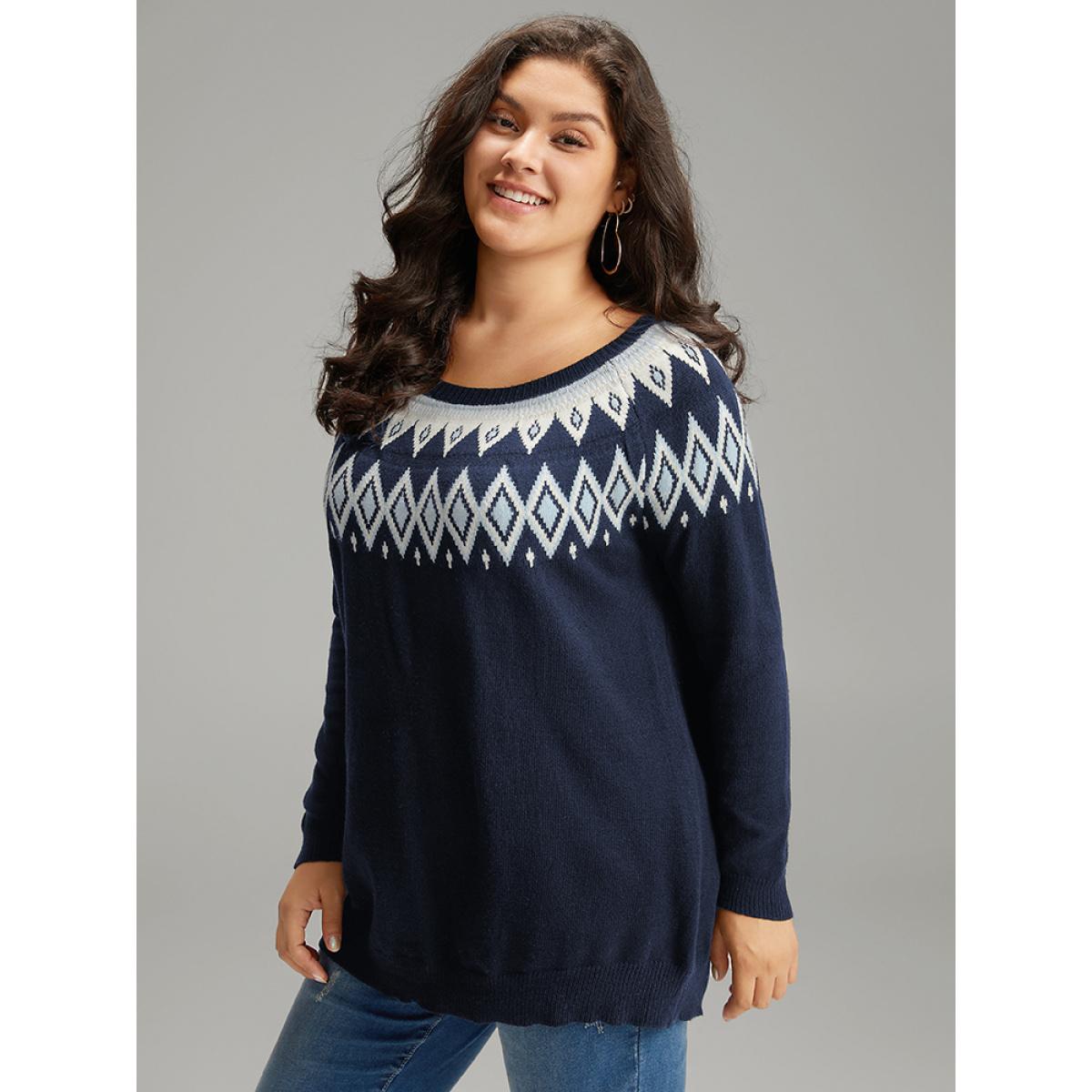 Plus Size Supersoft Essentials Geo Contrast Raglan Sleeve Pullover Indigo Women Casual Loose Long Sleeve Round Neck Dailywear Pullovers BloomChic 10/M Product Image