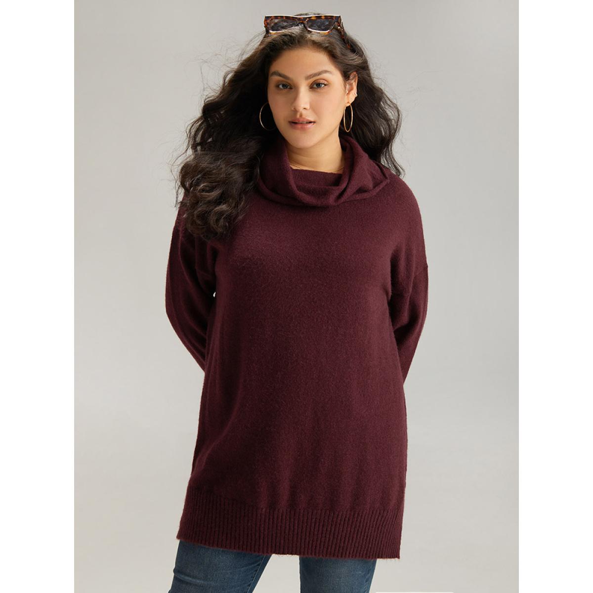 Plus Size Anti-Pilling Split Side Turtle Neck Pullover Burgundy Women Casual Loose Long Sleeve Lapel Collar Everyday Pullovers BloomChic 28/5X Product Image