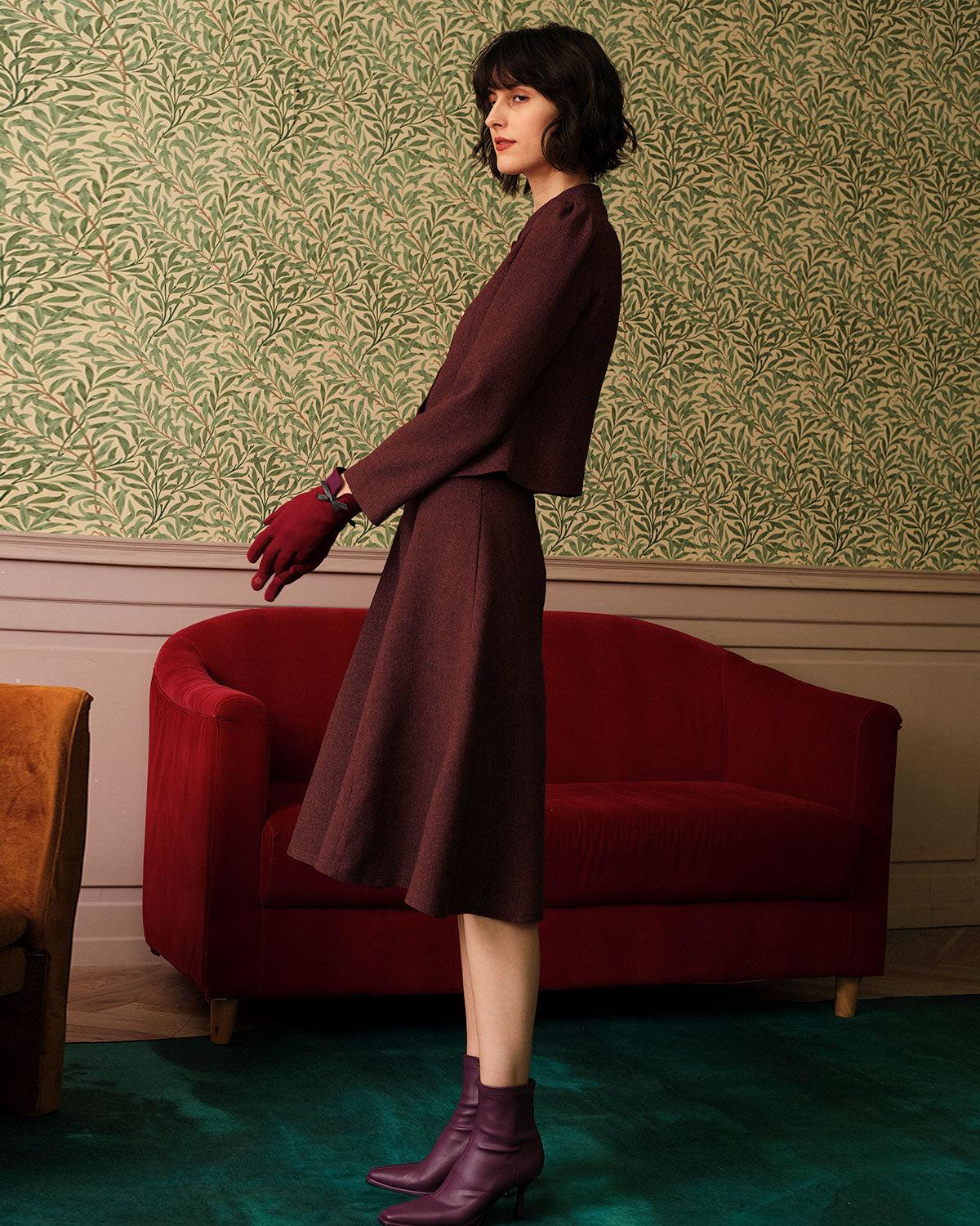 Burgundy High Waisted Tweed Skirt Female Product Image