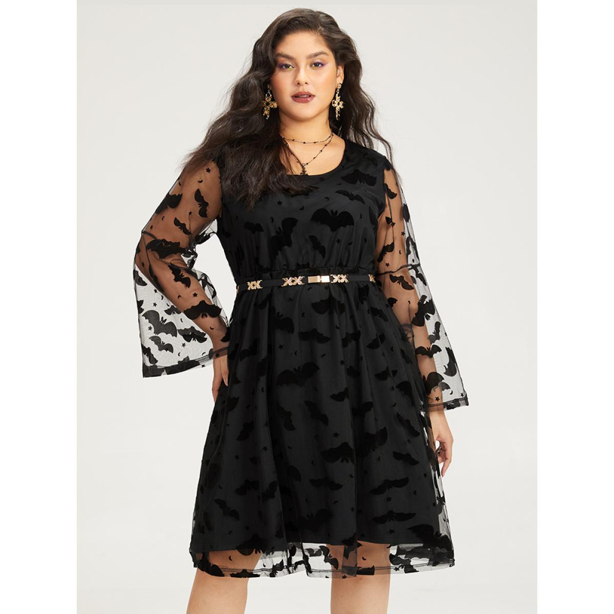 Plus Size Halloween Bat Print Mesh Long Sleeve Dress Black Women Elegant See through Round Neck Long Sleeve Curvy Midi Dress BloomChic 30/6X Product Image