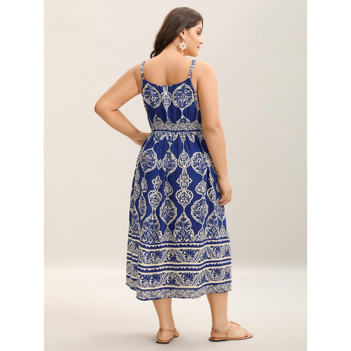 Plus Size Boho Print Shirred Pockets Midi Dress DarkBlue Women V-neck Sleeveless Curvy BloomChic 18-20/2X Product Image