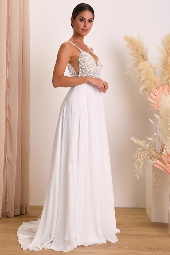 True Love White Beaded Rhinestone Maxi Dress Product Image