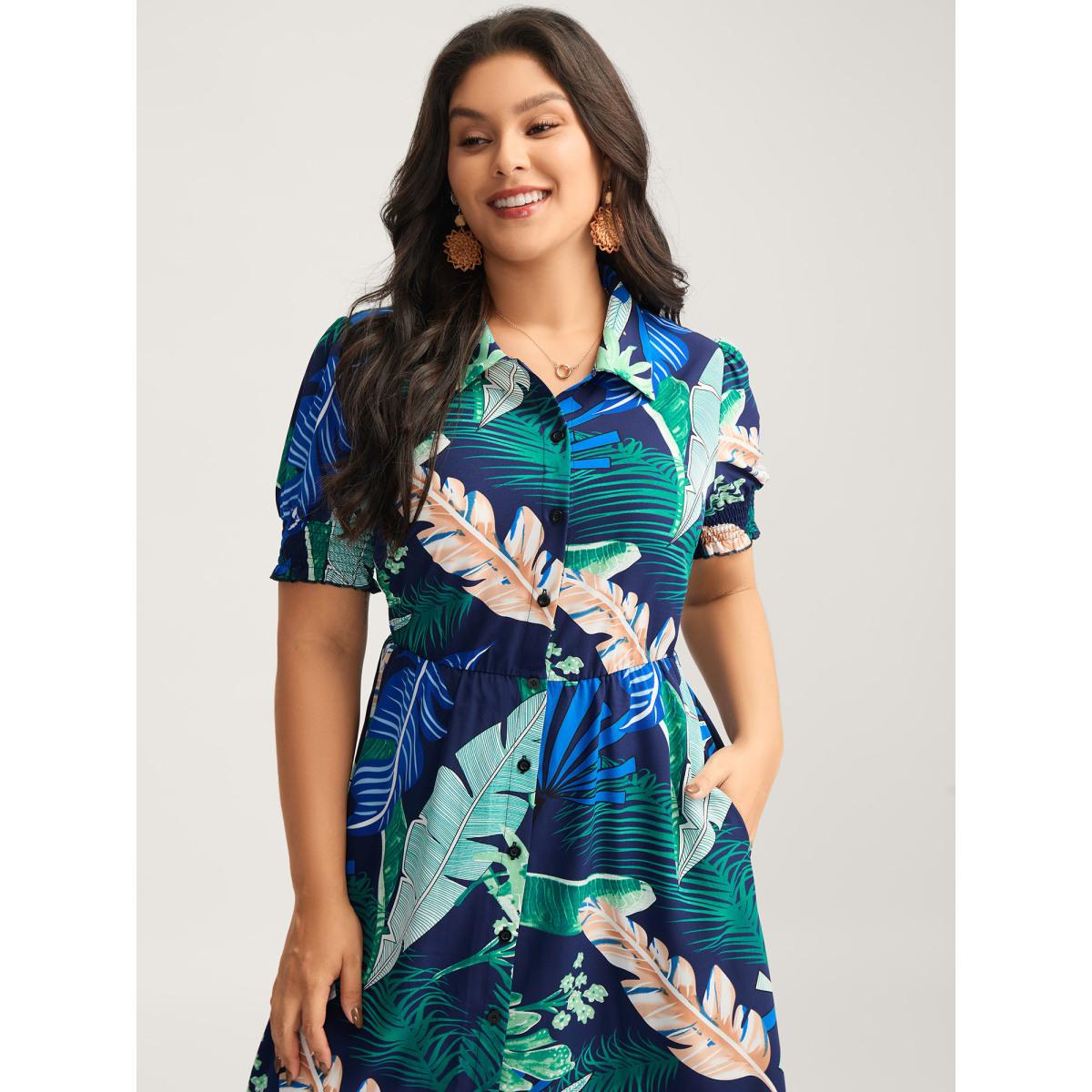 Plus Size Tropical Print Stretchy Waist Pockets Midi Dress Indigo Women Shirt collar Short sleeve Curvy BloomChic 22-24/3X Product Image