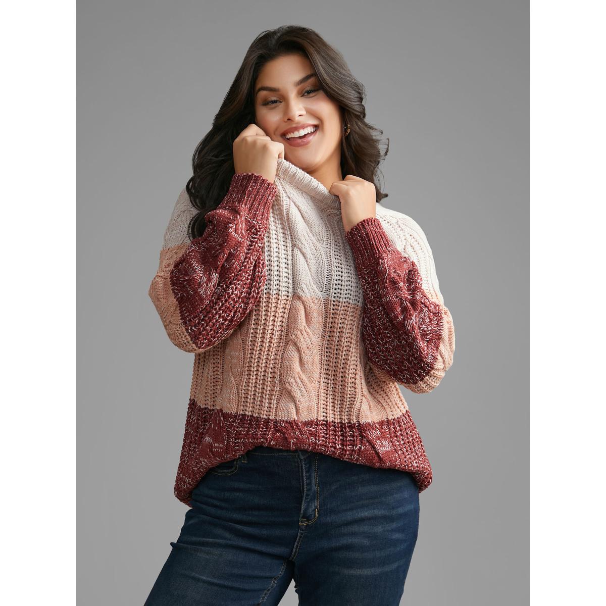 Plus Size Contrast Textured Cable Knit Pullover Rust Women Casual Loose Long Sleeve Round Neck Everyday Pullovers BloomChic 28/5X Product Image