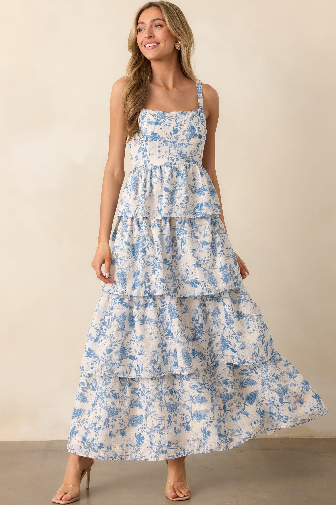 Happy To Be Here Blue Floral Embroidered Eyelet Maxi Dress Product Image