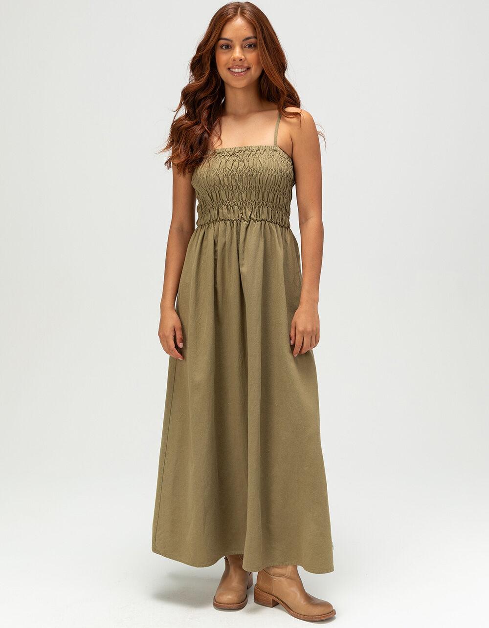 RHYTHM Classic Womens Shirred Midi Dress - OLIVE Product Image