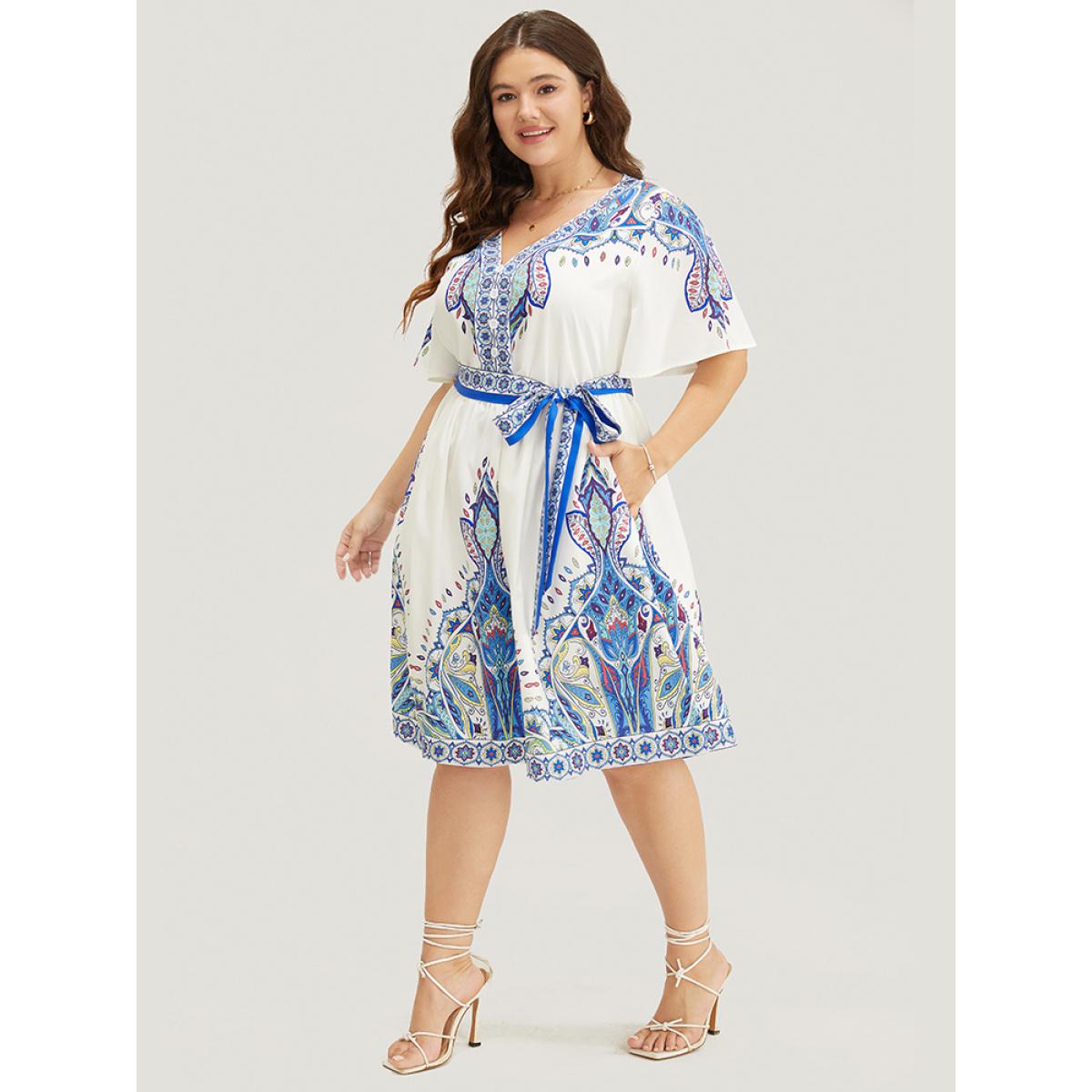 Plus Size Bandana Button Detail Pocket Belt Knee Dress Blue Women Vacation Lined V-neck Short sleeve Curvy Knee Dress BloomChic 26/4X Product Image