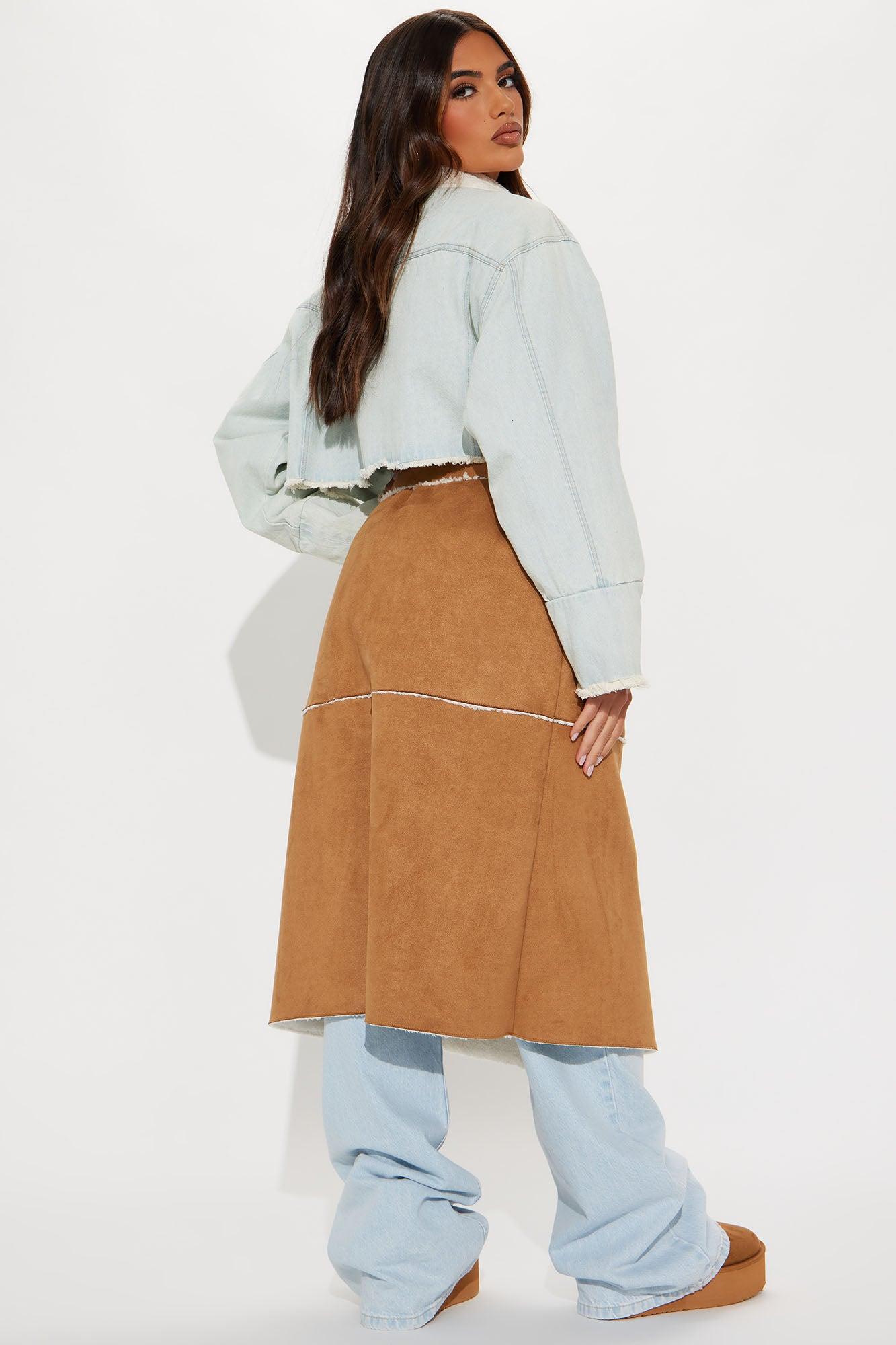 Get Your Karma Mixed Denim Trench Coat - Camel/combo Product Image