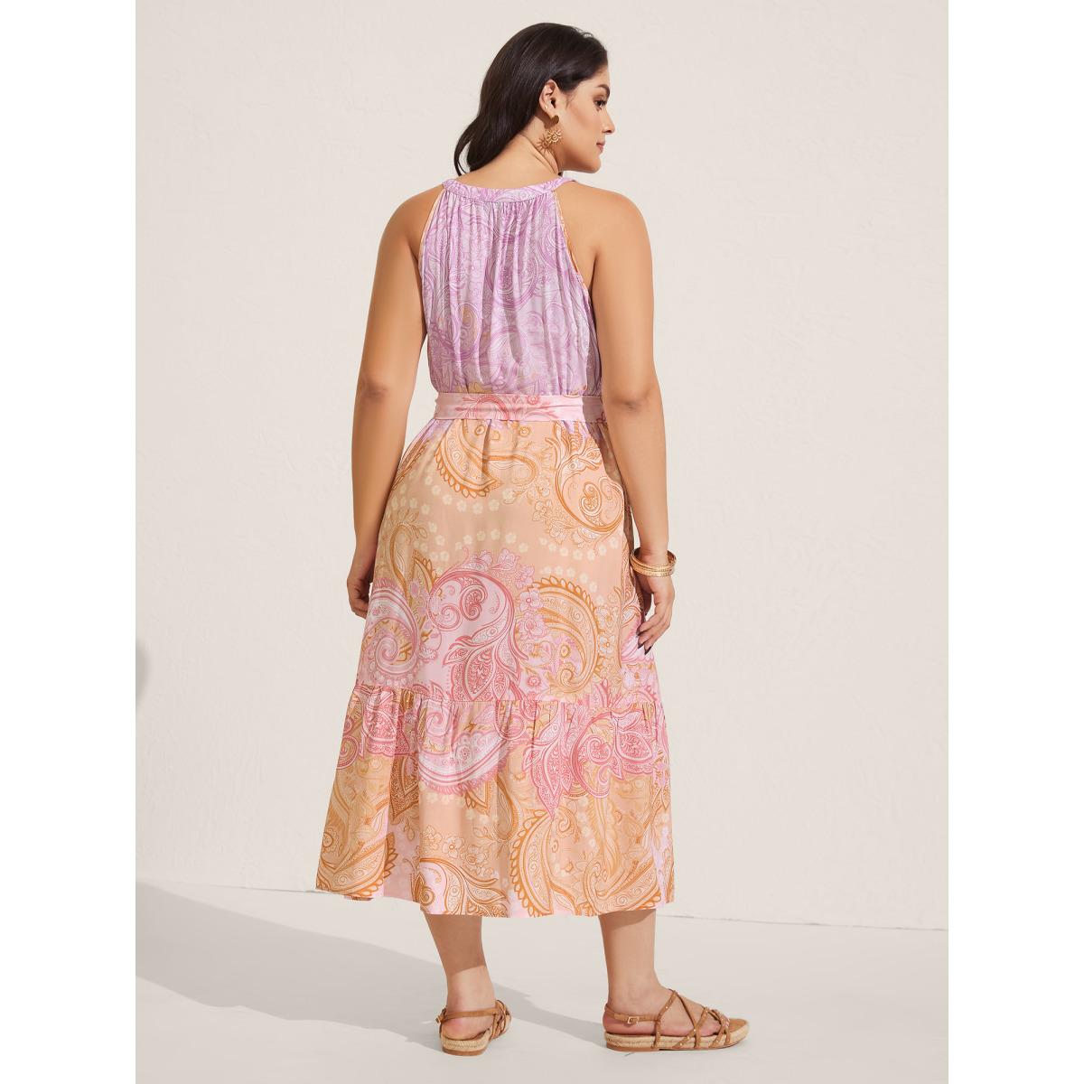 Plus Size Paisley Print Belted Color Contrast Midi Dress Multicolor Women Round Neck Sleeveless Curvy BloomChic 28/5X Product Image